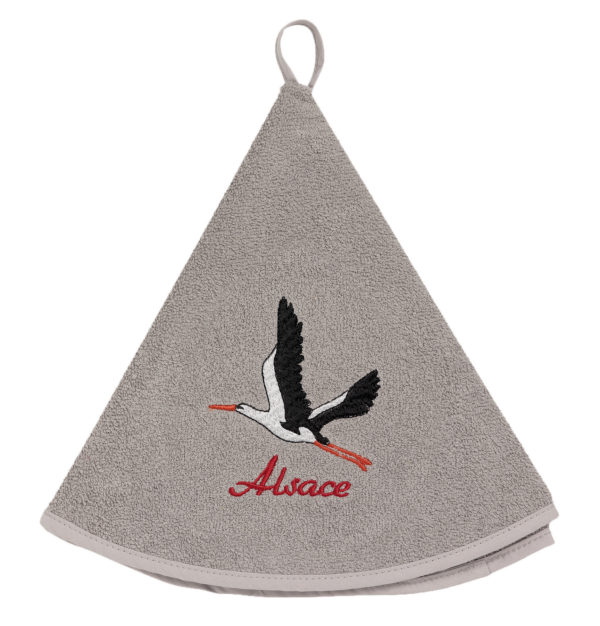 Essuie-mains rond brodé Cigogne envol Gris diamètre 60 cm Essuie-mains La Vallée du blanc