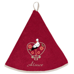 Essuie-mains rond Brodé Cigogne Fleurs Rouge Diamètre 60 cm Essuie-mains La Vallée du blanc