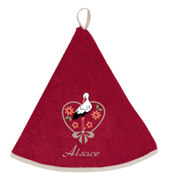 Essuie-mains rond Brodé Cigogne Fleurs Rouge Diamètre 60 cm Essuie-mains La Vallée du blanc