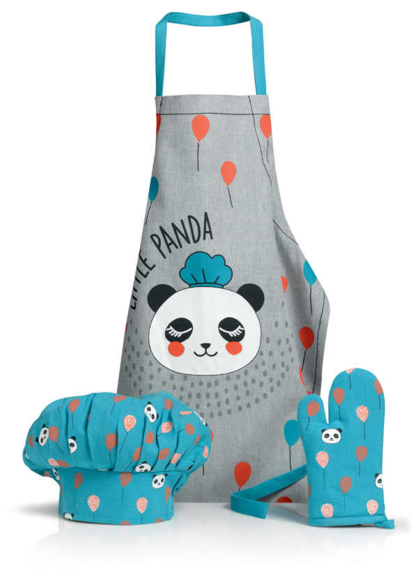 Lot Tablier Toque Gant de cuisine Panda Bleu clair/gris 52 x 63 Tabliers La Vallée du blanc