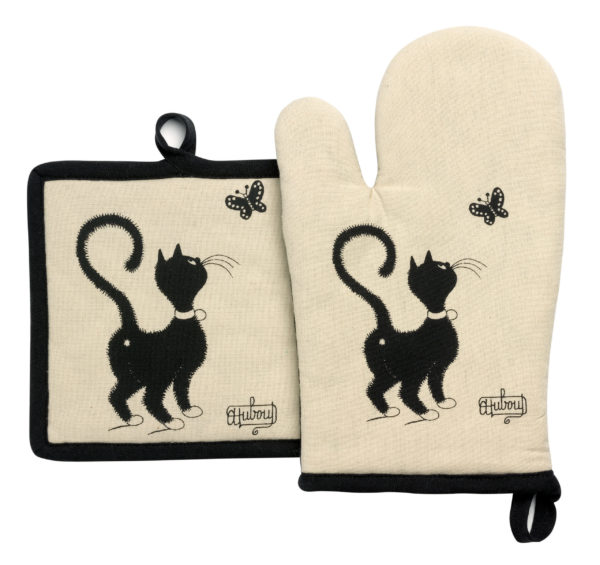 Gant de cuisine + Manique Dubout Chat Papillon Beige 18 x 28 Gants de cuisine La Vallée du blanc