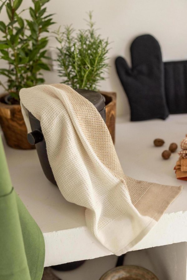 Torchon nid d’abeilles Finn recyclé Sable 50 x 70 Torchons La Vallée du blanc