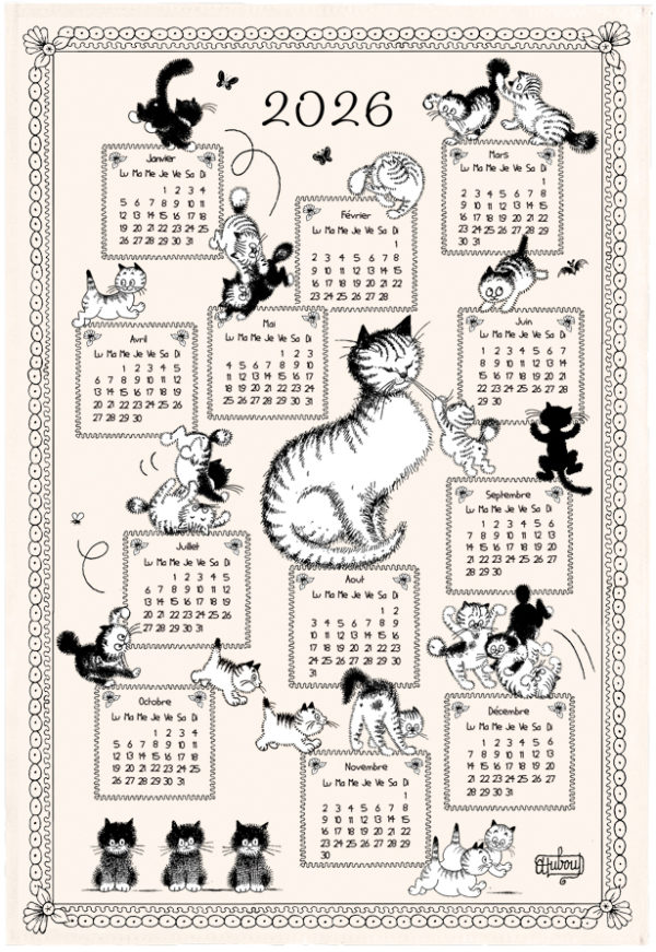 Torchon Dubout Calendrier chatons 2026 Ecru 48 x 72 Torchons La Vallée du blanc