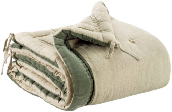 Edredon pompons Elise Chambray Verveine 80 x 180 Edredons La Vallée du blanc