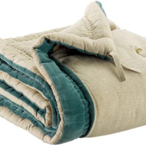 Edredon pompons Elise Chambray Vert de gris 80 x 180 Edredons La Vallée du blanc