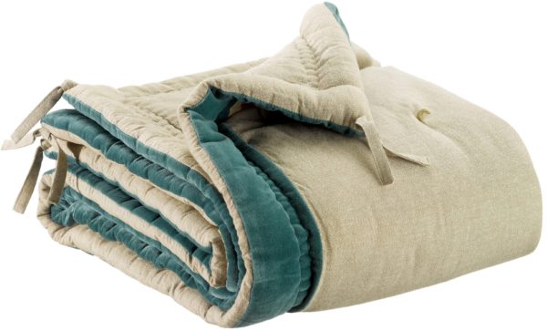 Edredon pompons Elise Chambray Vert de gris 80 x 180 Edredons La Vallée du blanc